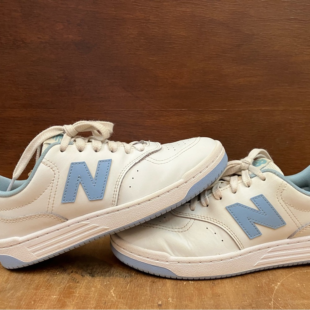 New Balance White and Light Blue Sneakers